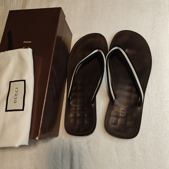 Gucci Mens 12 Leather Slide Sandal Thong Flip Flop Dark Brown - Picture 1 of 9
